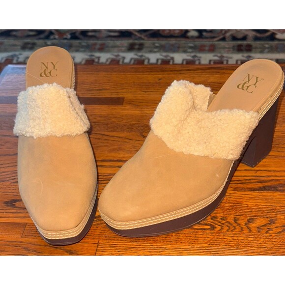 Shoes - New York & Company Bailey Clog Faux Sherpa Lined Brown Tan Slip On Heel 9M